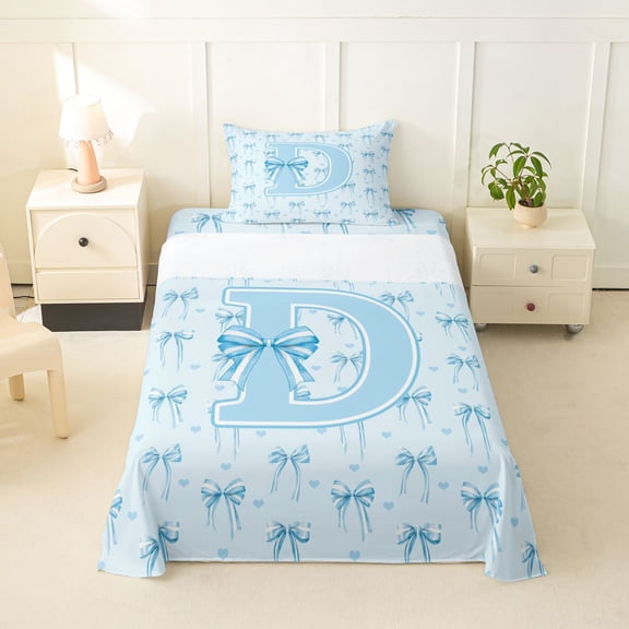 Erosebridal Kawaii Blue D Letter Monogrammed Girl Twin Sheet Sets 3pcs,Girls Children Dreamy Bowtie Love Heart Bedding