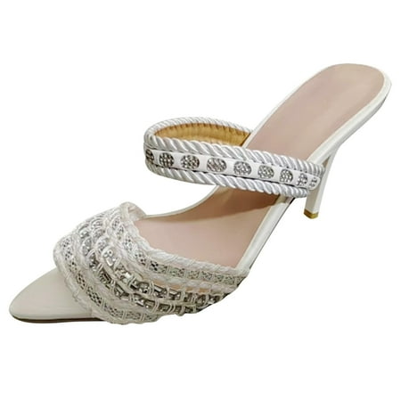 

Jsezml Womens Sexy Summer Sandals Rhinestone Braided Sandals Pointed Toe Stiletto High Heels Sandals Slip On Mules Shoes