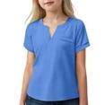 thumbnail image 2 of CFLVAEK Casual Summer Tshirts for Kids Girls Loose Fit Notch V Neck T Shirt Comfy Short Sleeve Teen Clothes Solid Color Basic Tees Blue 11 Years, 2 of 8