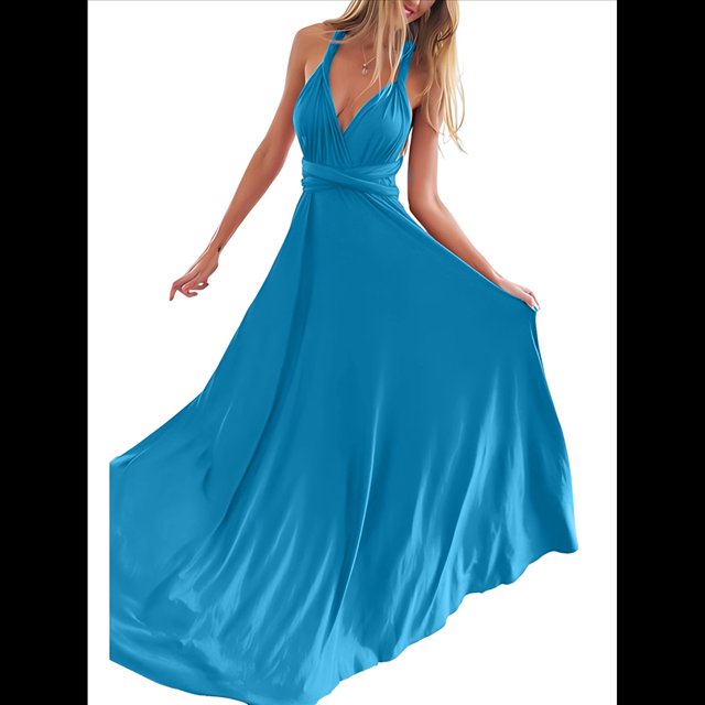 Vestido Maxi Sin Mangas, de Cintura Alta, Color Liso, con Tirantes Cruzados en la Espalda y Múltiples Usos para Mujer. Azul Agua L