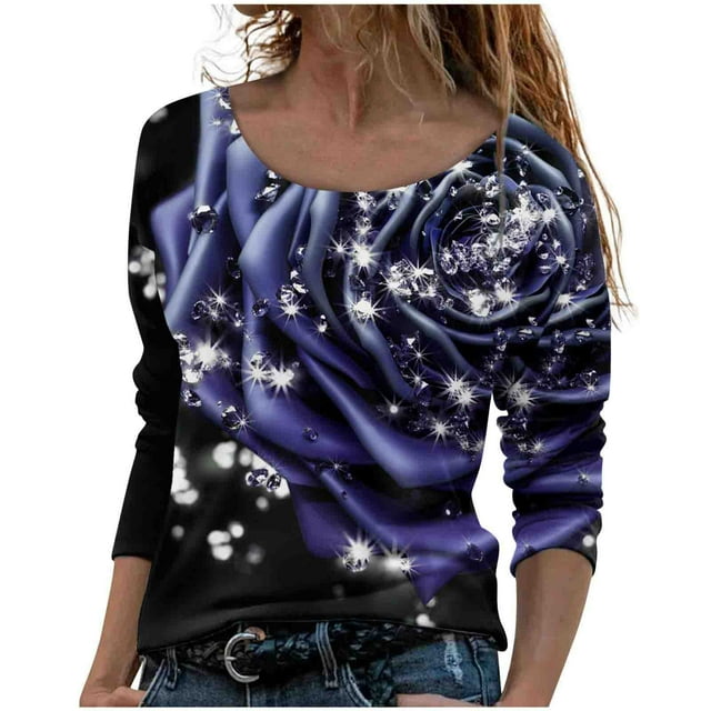 T-Shirts de Mode pour Femmes Manches Longues Imprimé Col Rond Chandail en Molleton Blouse Automne Pull Décontracté (Petit, Violet 05)