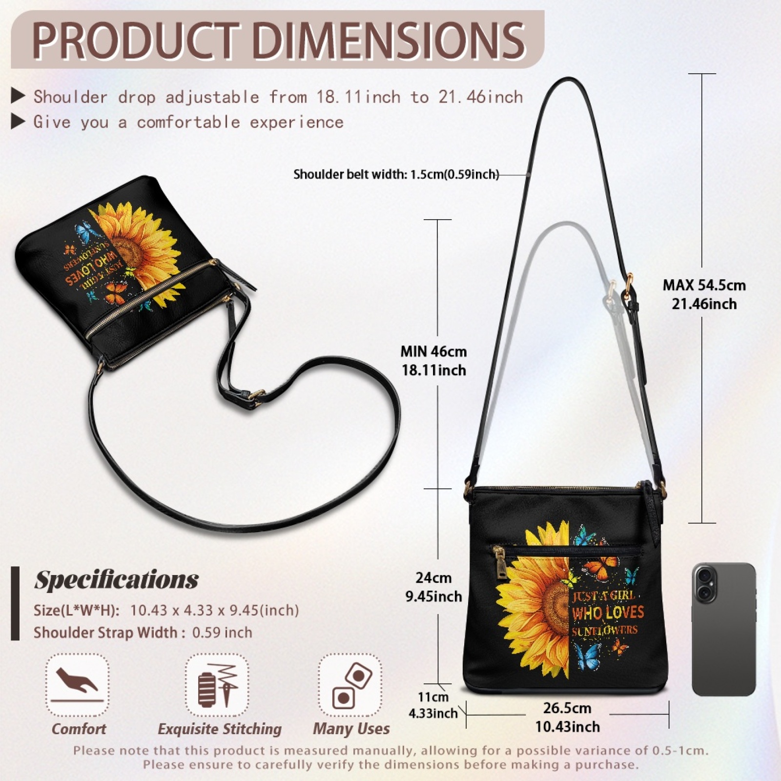 LedBack Sunflower Leather Crossbody Bags for Women, Sling Satchel Purses Shoulder Bag Hobo Purse with Adjustable Strap Multi Pockets, Black