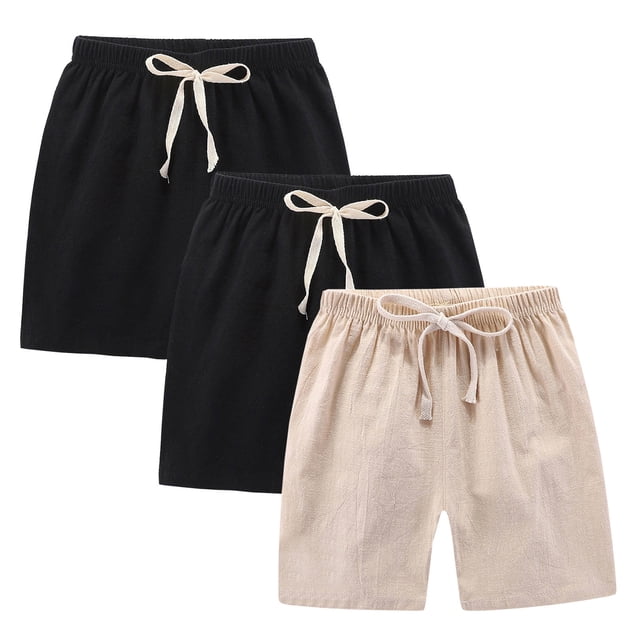 Shorts for Boys, 3-Piece Set in Soft Cotton-Blend Fabric, Linen-Look Texture, Solid Color Design, Breathable for Toddler Ages 2-10 Years, Machine-Washable