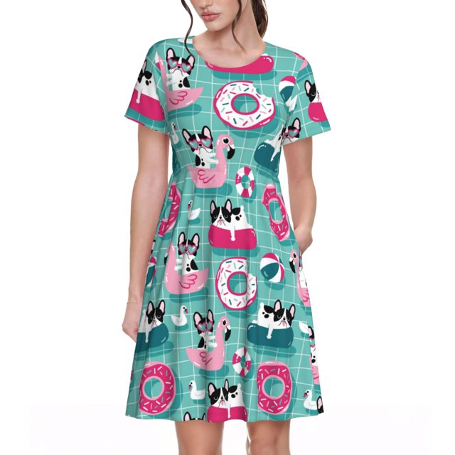 Bixox Robe d'Été à Manches Courtes pour Femmes Robe Ample Longueur Genou avec Poches-Chiens avec Natation