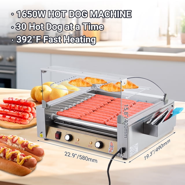 AKDSteel Stainless Steel Hot Dog Machine & Sausage Grill, 750w Dual Temp Control With Pc Hood Shelf