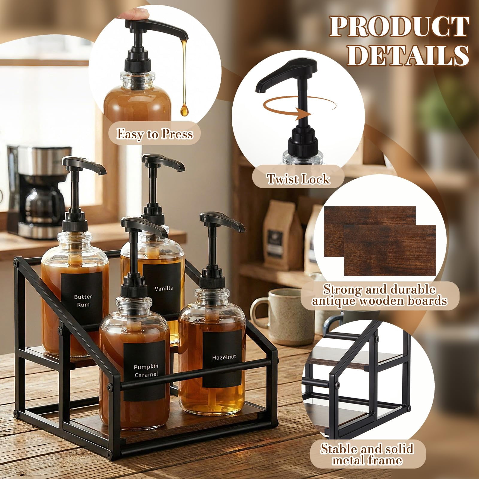 Coffee Bar Accessories  4 Pack 16.9oz/500ml Syrup Dispenser With 1/4oz Pump 2-tier Rack Organizer Labels Straw Brushes Funnels For Kitchen Countertop Wine Dressing Storage