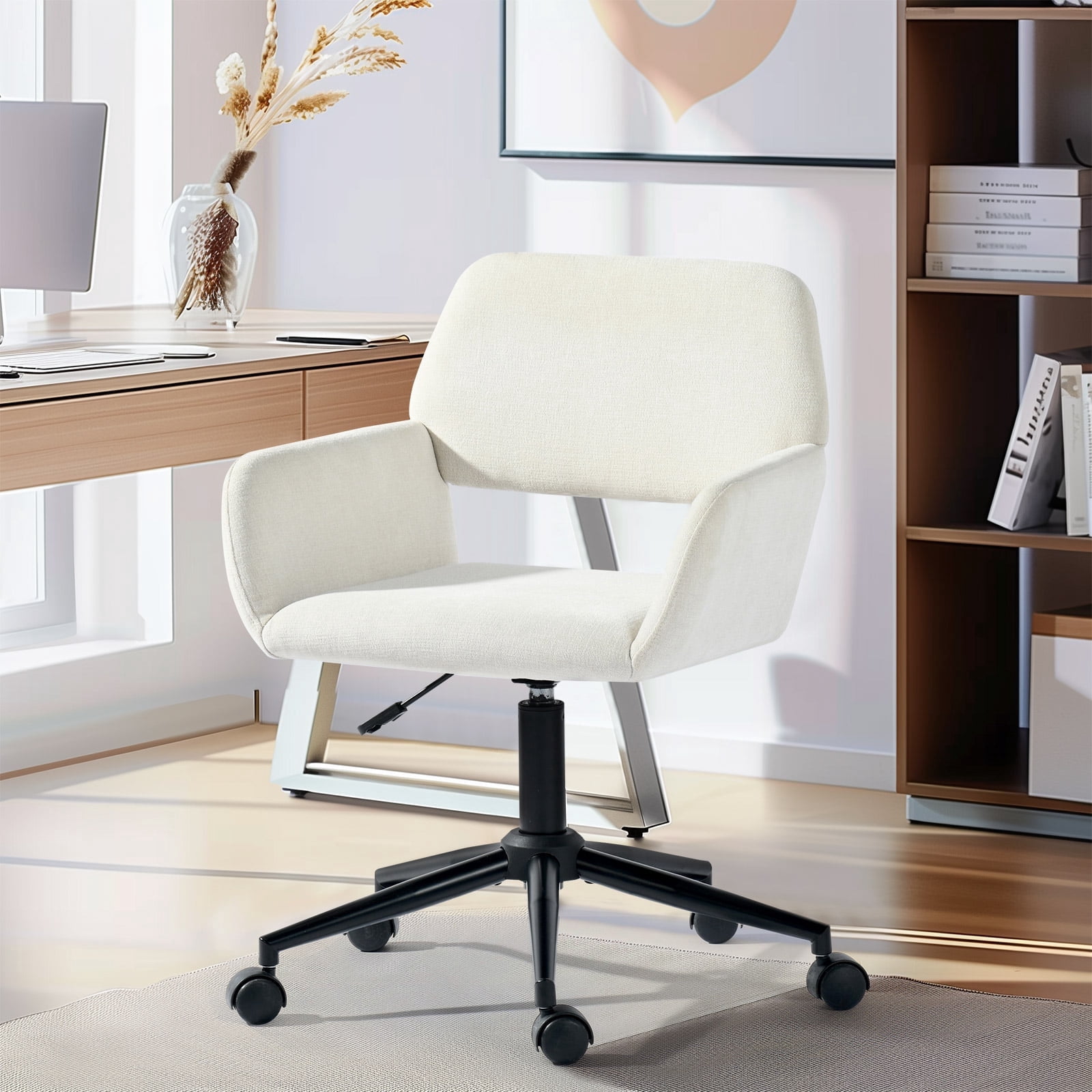 Homy Casa Velvet Swivel Task Office Chair with Wheels, Adjustable Height Mid-Back Desk Chair for Vanity, Home Office, Study Room, Beige
