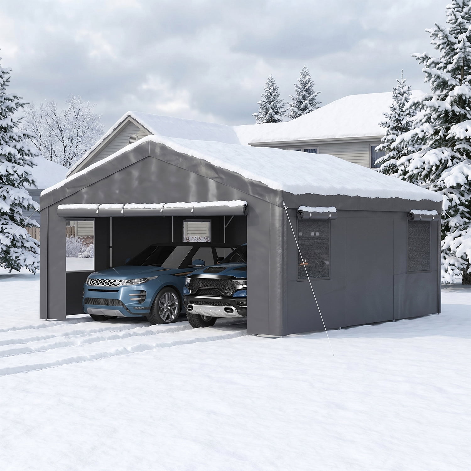 BaPiPro 20x20FT Heavy Duty Carport, Portable Garage Car Canopy with Removable Sidewalls & Roll-Up Doors, Car Shelter for Cars,Trucks and Tools Storage, Gray