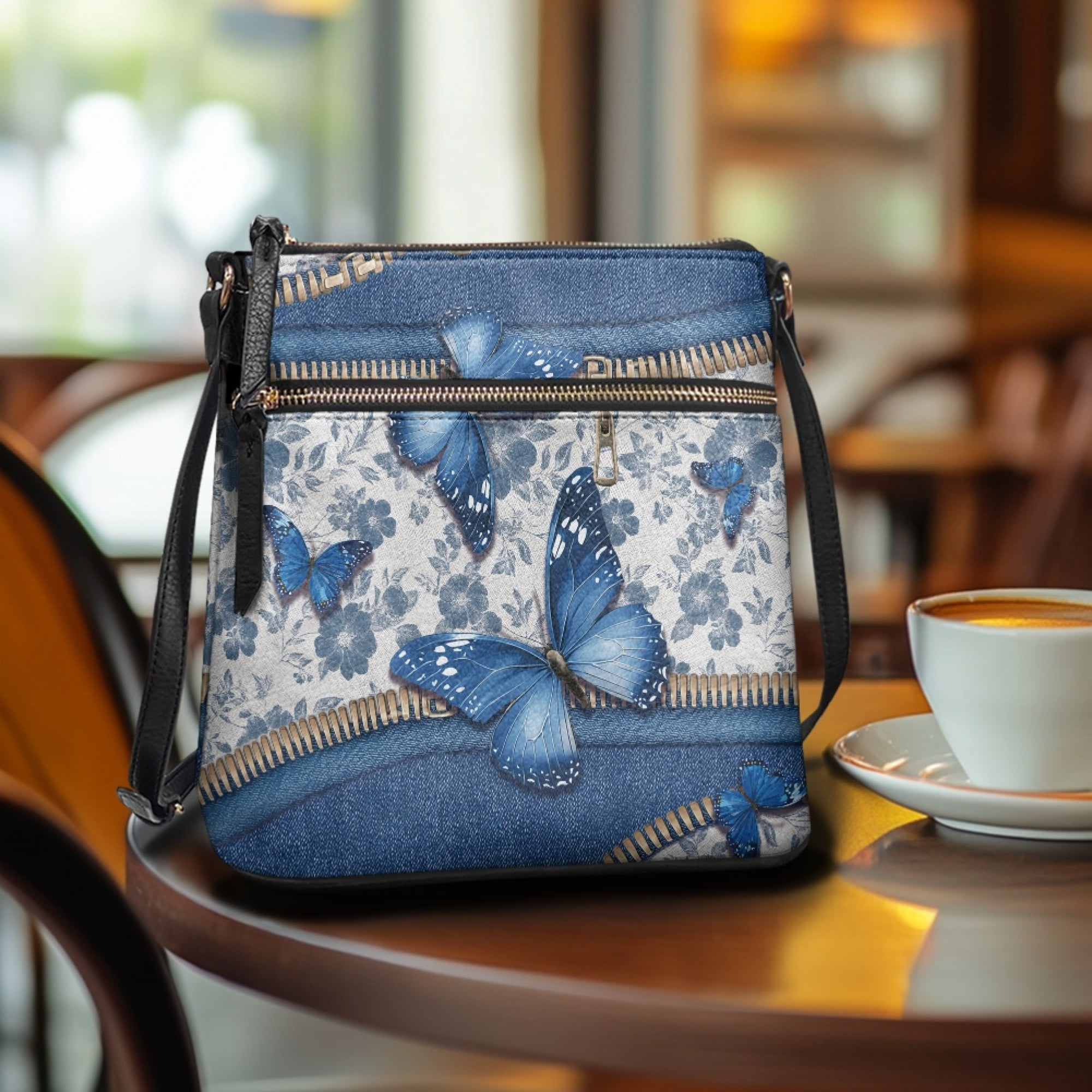 Kuiaobaty Butterfly Floral Print Crossbody Bag for Women Trendy, Large Capacity Portable Leather Satchel Purse with Adjustable Strap, Lightweight Shoulder Handbag Crossbody for Travel
