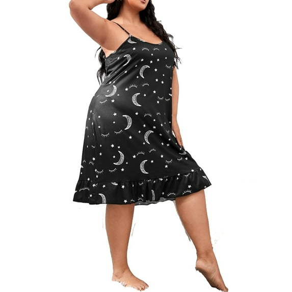 Casual Geometric Cami Strap Slip Dress Sleeveless Black Plus Size Nightgowns & Sleepshirts (Women's)