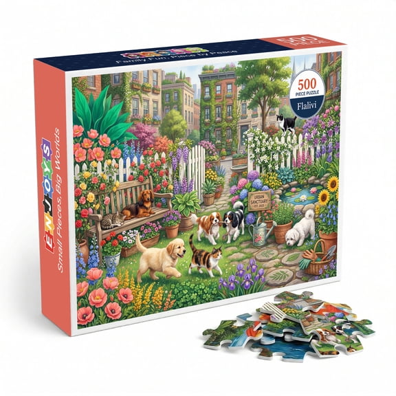 Urban Garden Sanctuary Dogs and Cats Jigsaw Puzzle for Adults 500 Pieces, Colorful Flower Garden Scenic Illustration, Premium Thick Cardboard with Perfect Fit, Relaxing Home Decor Gift for Pet Lovers