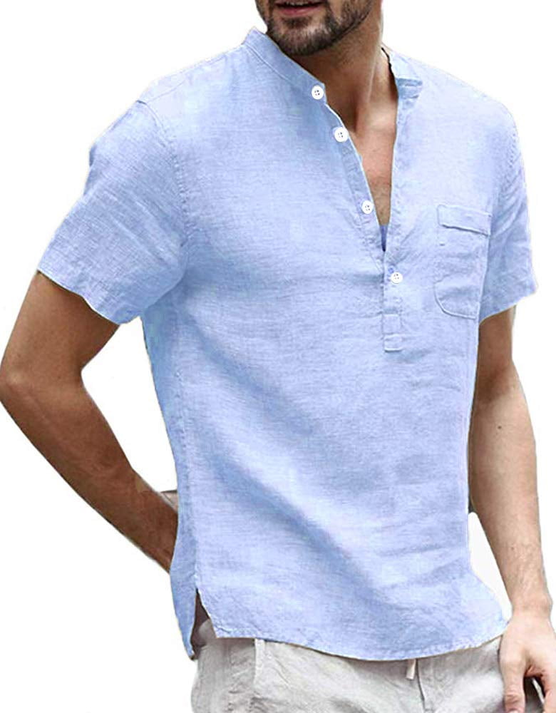 SySea - Mens Henley Shirt Short Sleeve Linen Banded Collar V Neck Summer Beach T Shirt Blouse ...