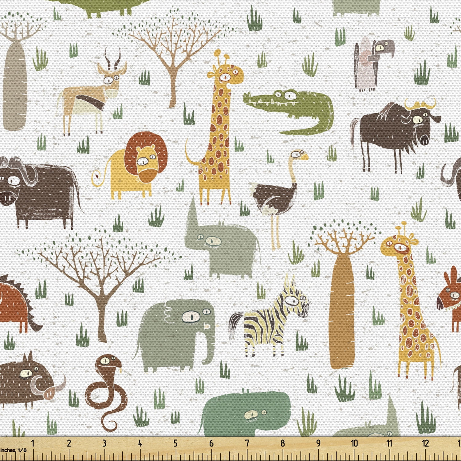 Cartoon Animal Fabric by the Yard, Grunge Savannah Fauna Theme Safari