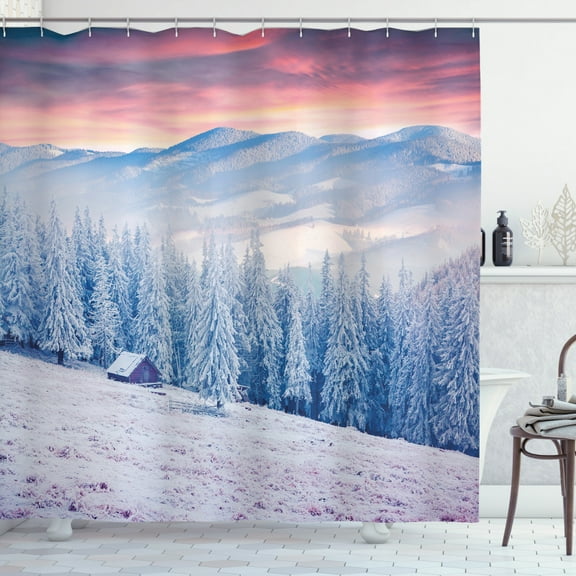 Ambesonne Winter Shower Curtain, Calm Scenic Countryside, 69"Wx70"L, Pink Blue White