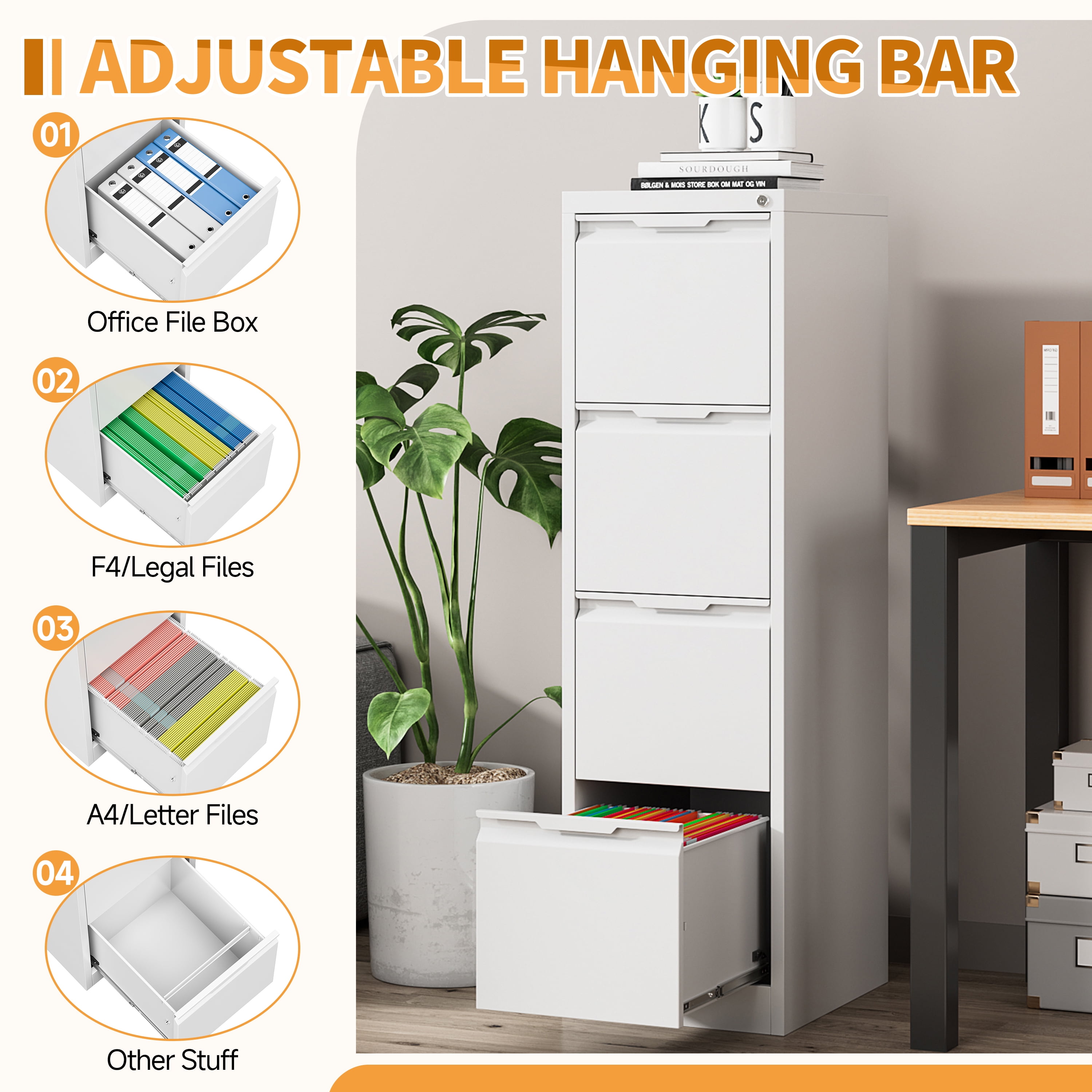 Metal File Cabinet with Lock, Storage Cabinet with 4 Drawers for Home Office, Vertical Filing Cabinet for Legal/Letter/A4 Files,Assembly Required