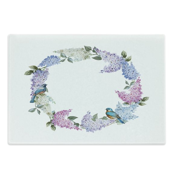 Lilac Cutting Board, Flower Wreath with Fresh Blooms and Little Bird Tender Gentle Romantic Season Bridal, Decorative Tempered Glass Cutting and Serving Board, Large Size, Multicolor, by Ambesonne