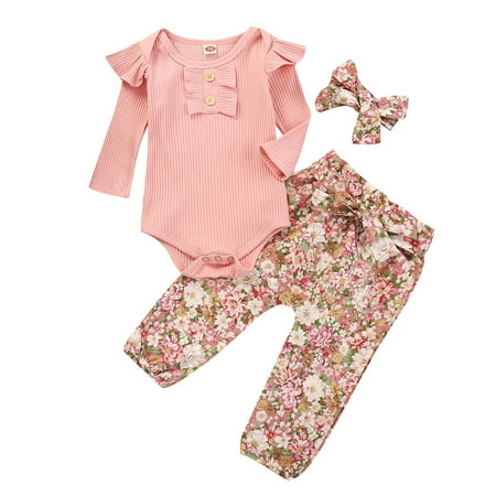 

Newborn Infant Baby Girls Solid Ruffle Ribbed Romper+ Floral Pants Outfits Set