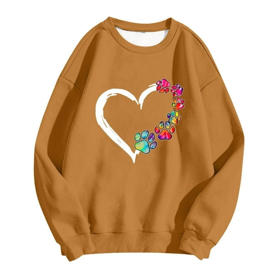 Arlun Womens Dog Mom Sweatshirts Trendy Heart Dog Paw Printed Color Block Long Sleeve Crewneck Casual Cute Sweatshirts Soft Comfy Loose Pullover Tops 1-Gold M