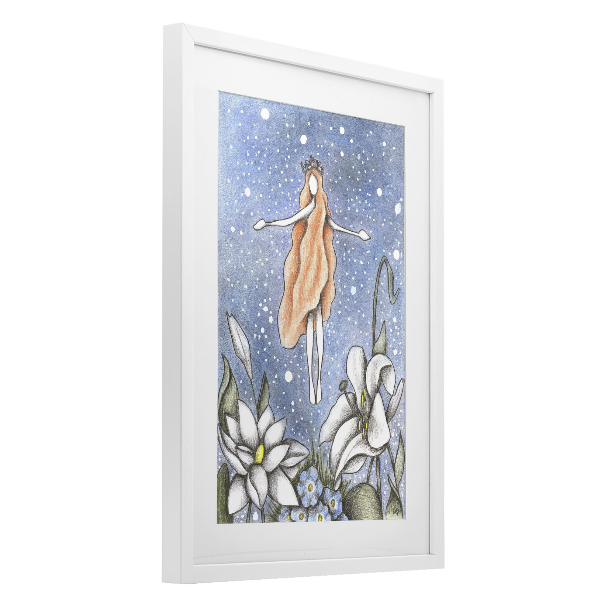 Mystical Garden Fairy Sparkle White Framed Print Under Glass, design by Cecilia Battaini