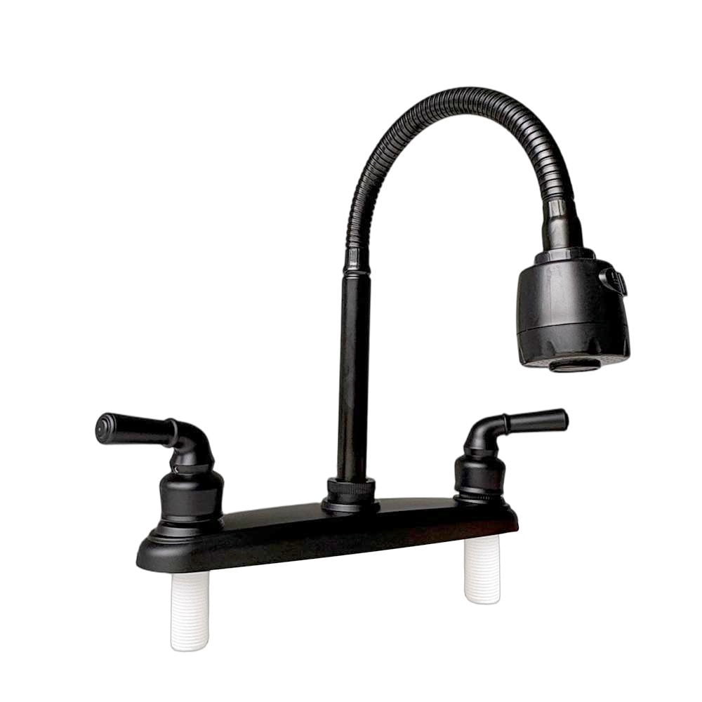 RV Kitchen Faucet, Non-Metallic Camper Kitchen Sink Faucet 8 Inch 2 Hole Double Handles with Flexible Arch 360 Degree Rotatable Spout for Campers, Motorhome, Travel Trailer, Black