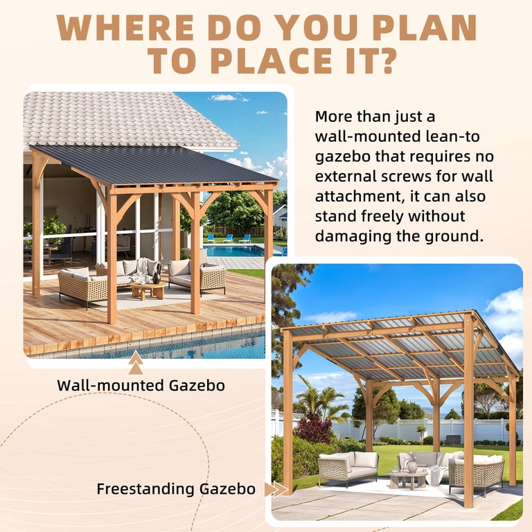 YODOLLA 10' x 10' Wall-Mounted Outdoor Wood Gazebo, Hardtop Cedar