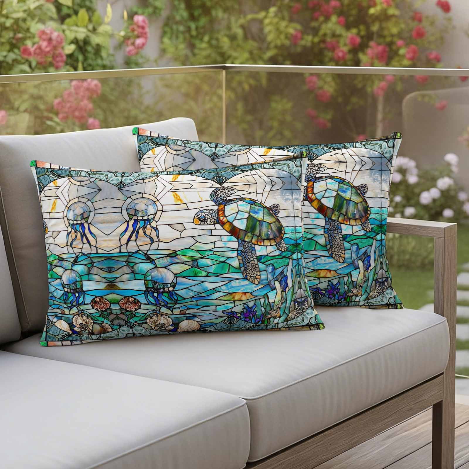 Stained Glass Sea Turtle Outdoor Waterproof Pillow Covers, Summer Coastal Ocean Jellyfish Decorative Rectangle Throw Pillowcase Sofa Cushion Sham for Patio/Couch/Chair, 20"x12" 2 Pack