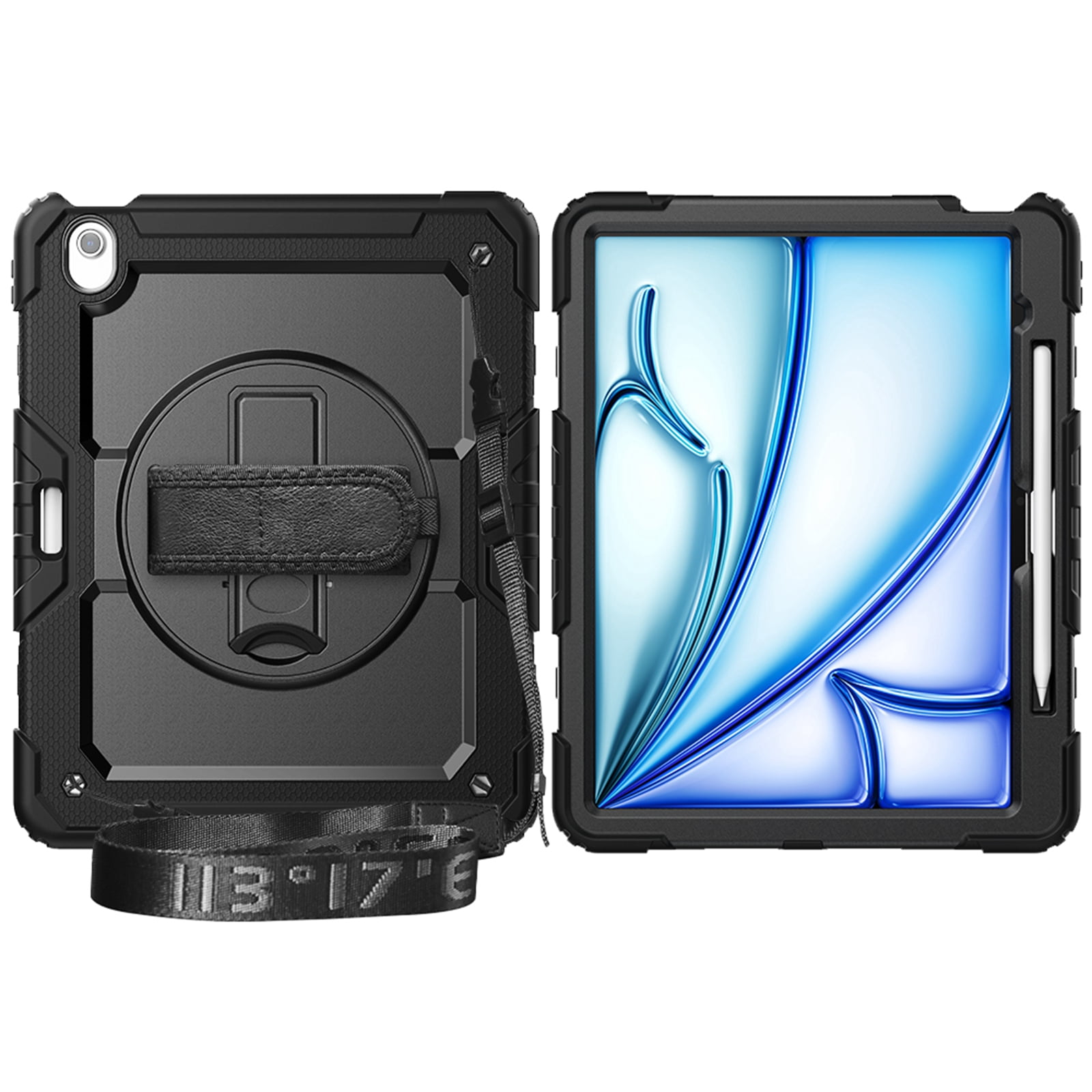 Dteck Full Body Case for iPad Air 13 inch 2025/2024,Shockproof 3-Layer Protection Case with Screen Protector 360° Rotating Stand Built-in Pencil Holder Cover with Hand/Shoulder Strap,Black