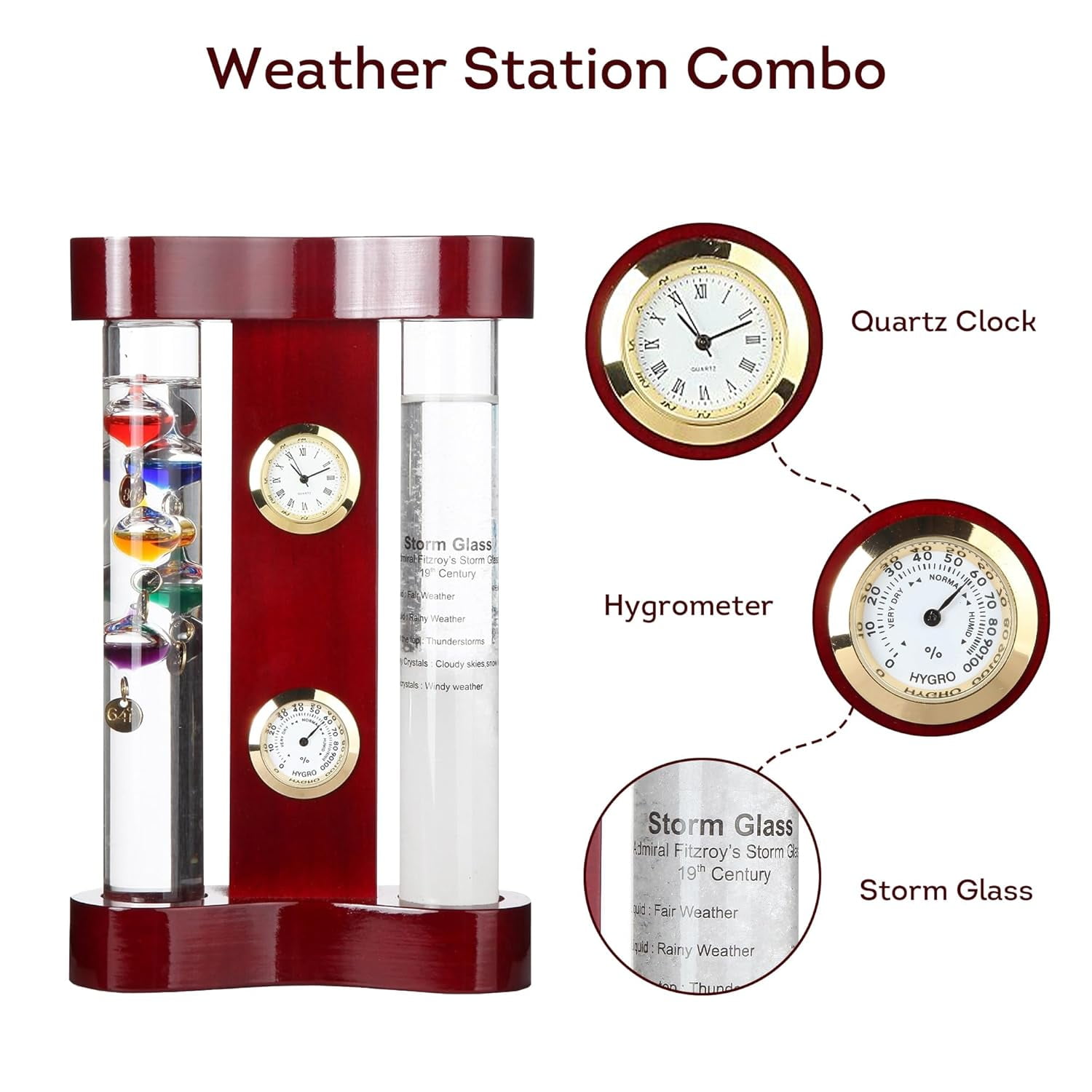 Analog Weather Station with Galileo Thermometer, Precision Quartz Clock & Hygrometer, Fitzroy Storm Glass, Gift for Friends and Family, Holiday Gift, Indoor & Outdoor Décor (7” x 4.4”)