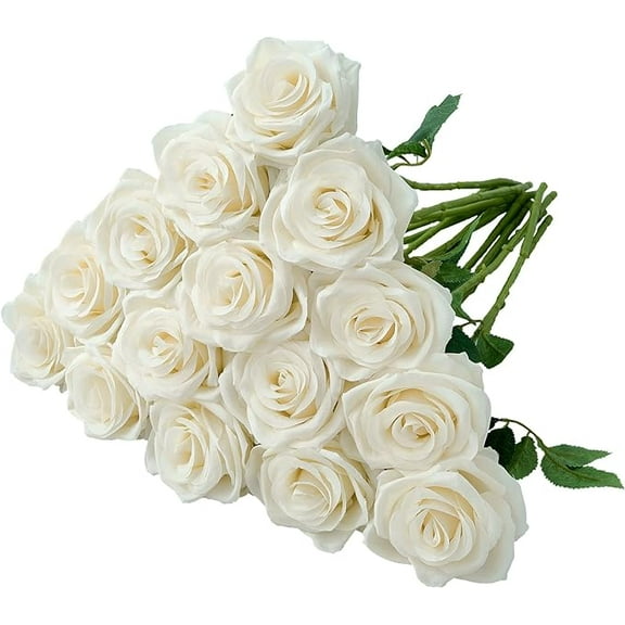 Zukuco 15pcs Champagne Roses Artificial Flowers Silk Flowers Realistic Roses Bouquet Long Stem for Wedding Home Party Birthday Decoration (White)