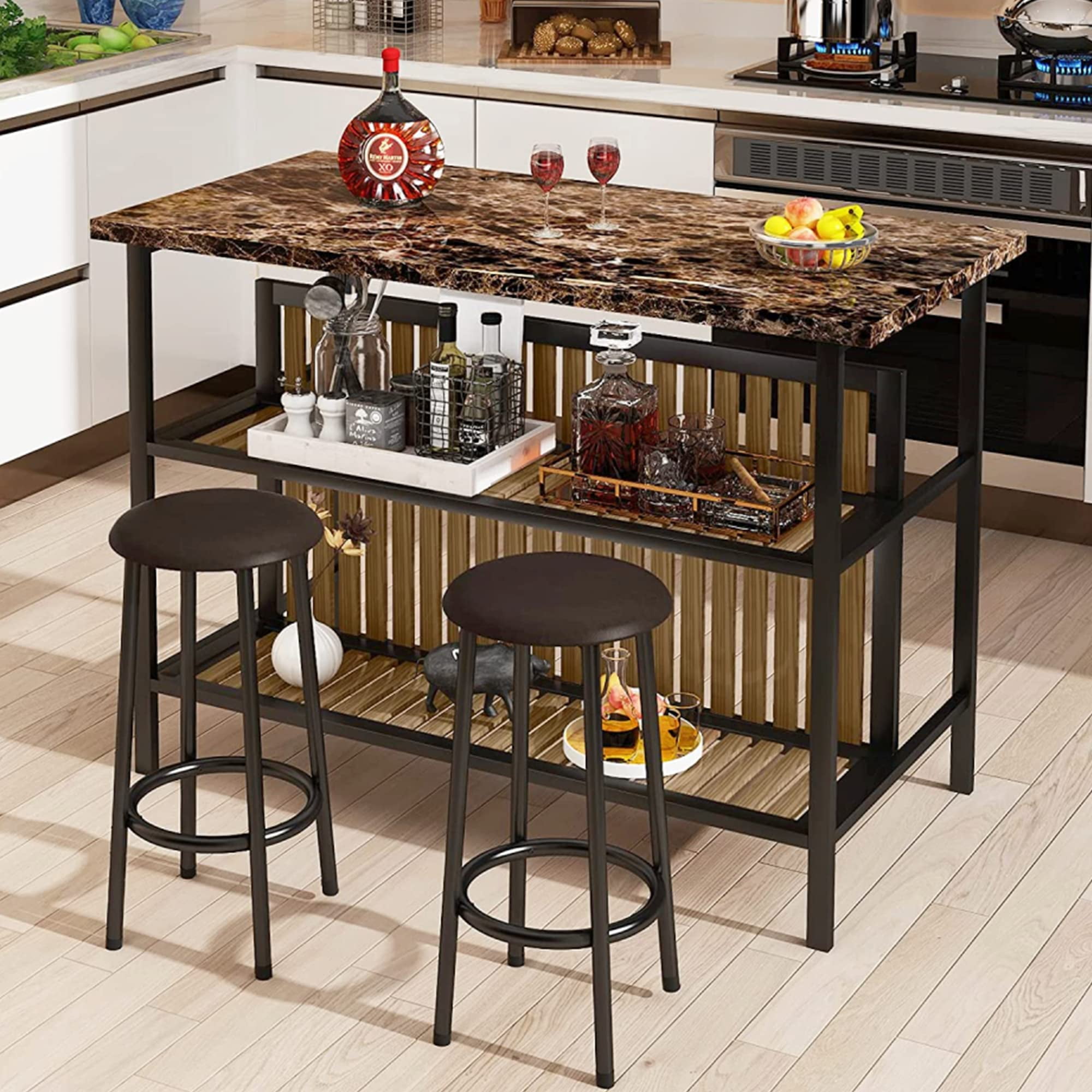 AWQM 3 Piece Kitchen Island Set Wooden Counter Height Table with Storage Rustic Brown Walmart