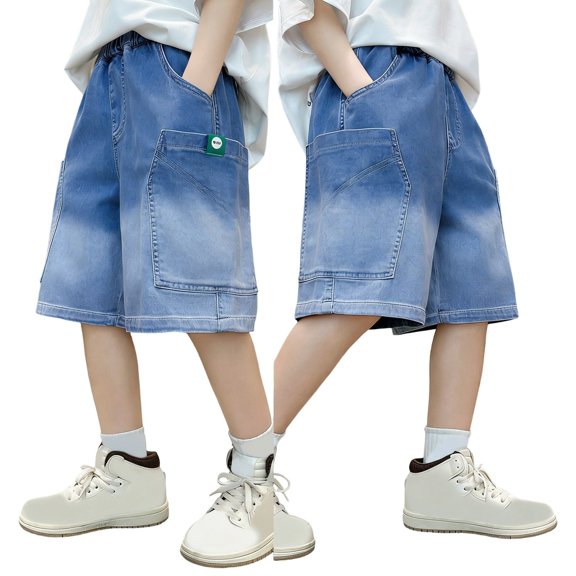 Whouriu Boys Summer Denim Shorts Wide-Leg Pull-On Jean Shorts with Elastic Waist, Sizes 5-16