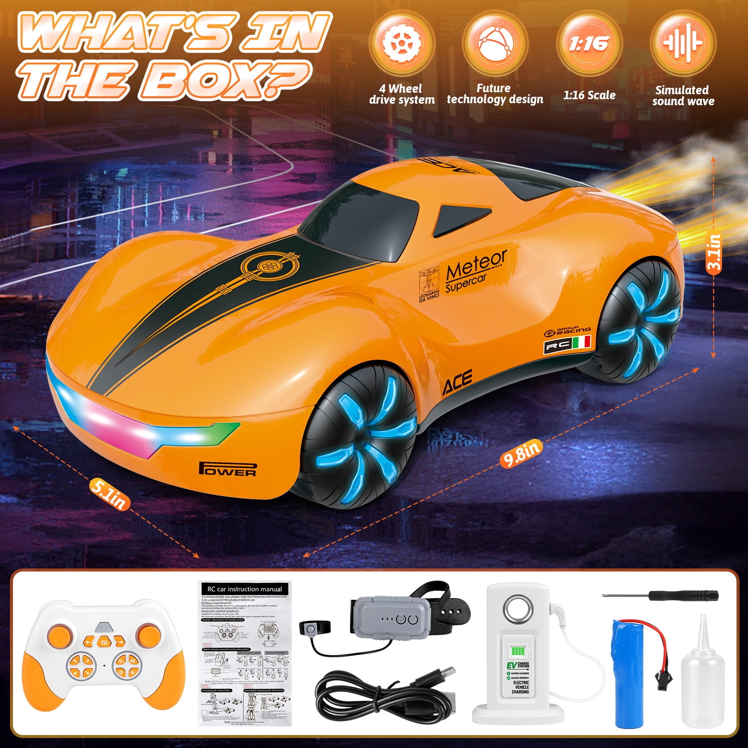 Huge Wave RC Cars for Aged 4-12 Boys , Rechargeable Remote Control Stunt Car, 360° Rotate, Cool Light & Dual Spray, Christmas Birthday Toy Gifts for Kids, Orange