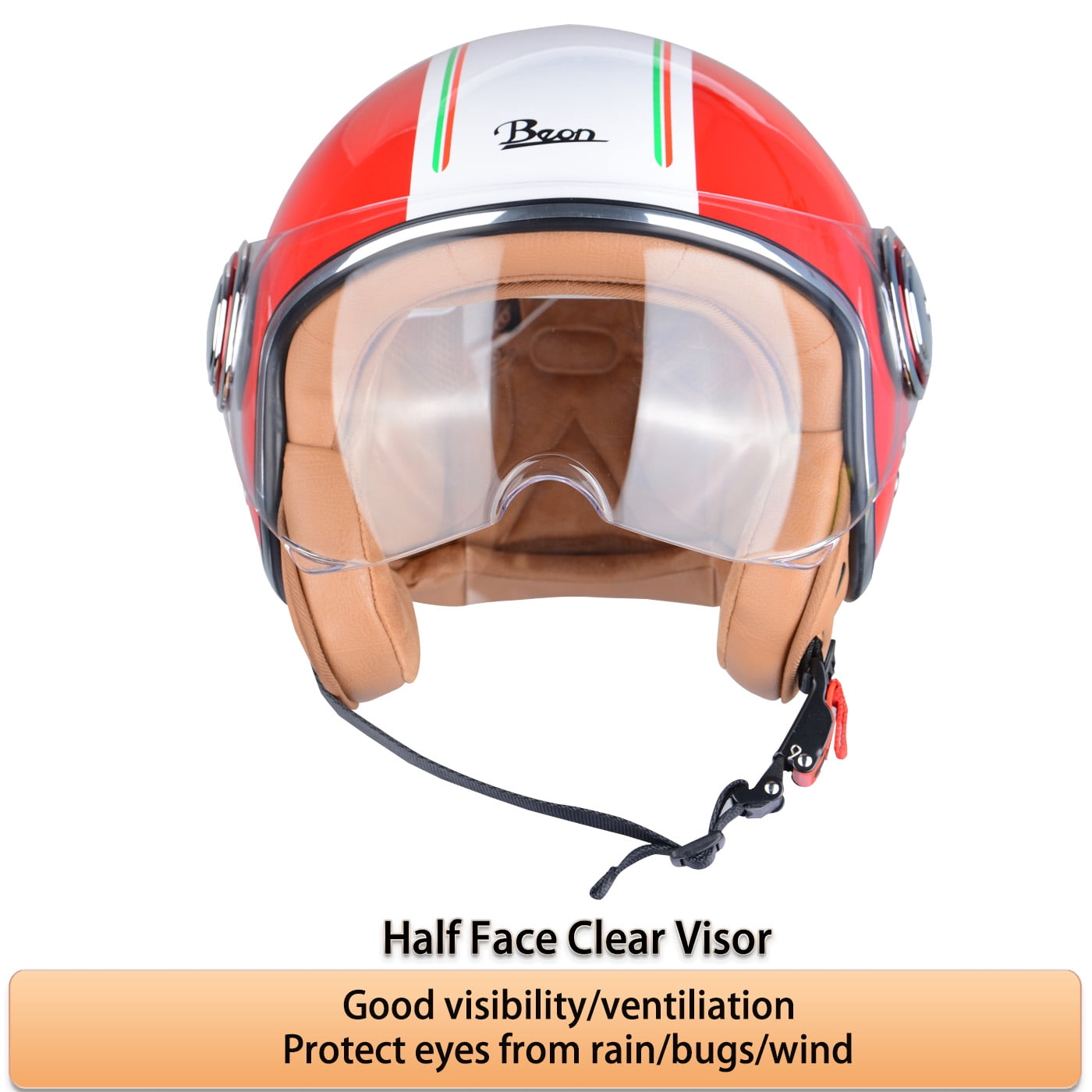 BEON Half Face Retro Vintage Motorcycle Helmet with Anti-Scratch Visor for Adults Moped Vespa, DOT & ECE Approved