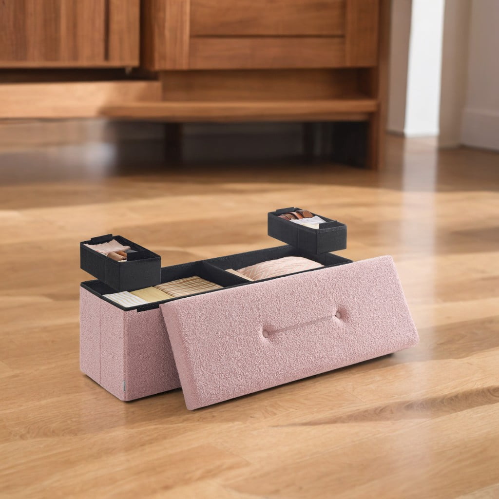 SONGMICS HOME 43" Storage Ottoman Bench Folding Ottoman with Storage Load up to 660 lb for Living Room Bedroom Jelly Pink
