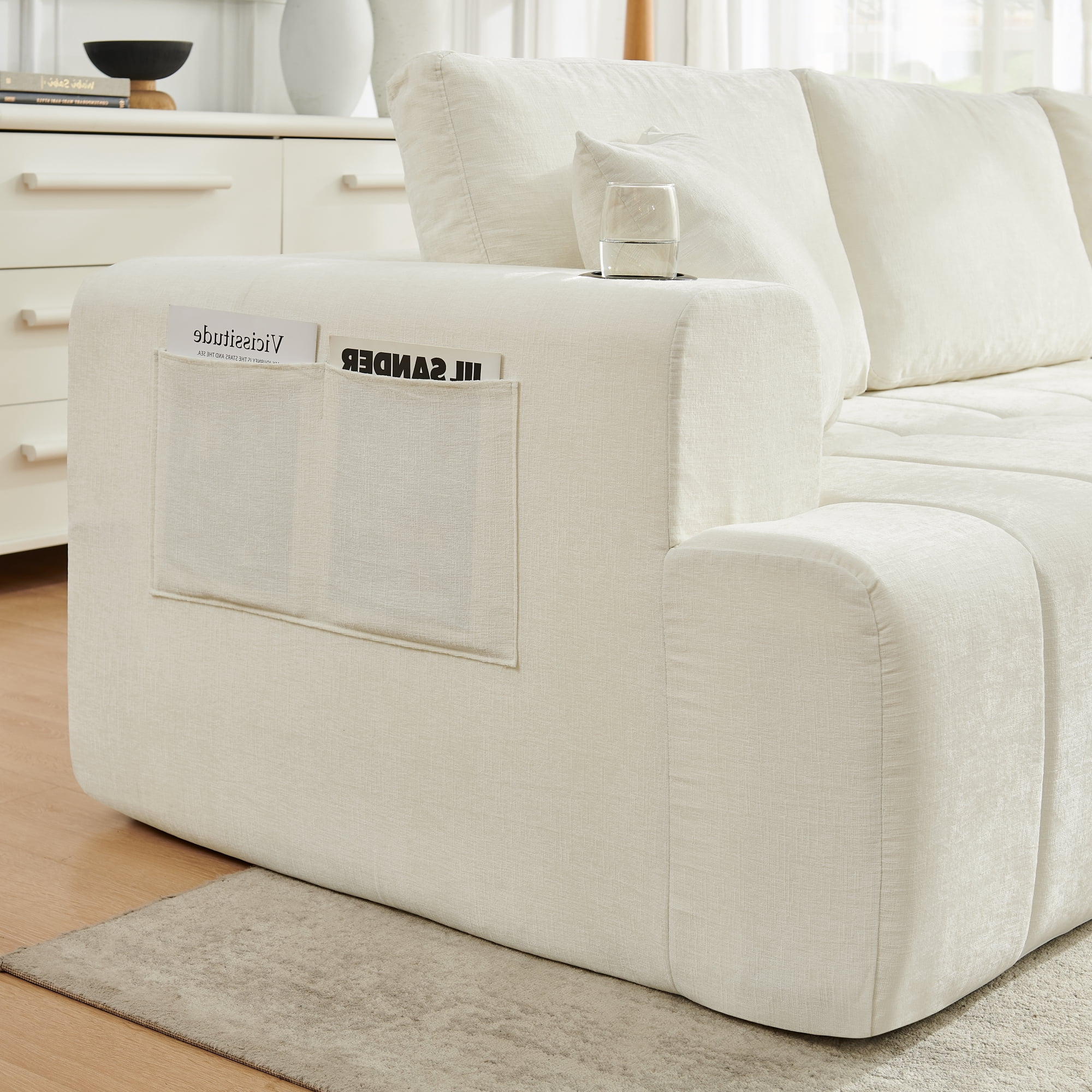 Leumius 108" L-Shaped Sectional Sofa,Chenille Boneless Couch, Modern 3-Seat Upholstered Cloud Couch Sectional with Deep Seat and Cup Holders for Living Room,No Assembly Required,Beige