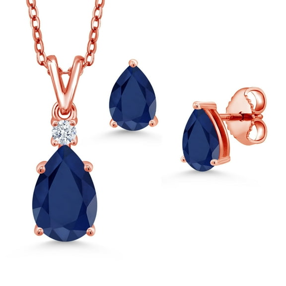 Gem Stone King 18K Rose Gold Plated Silver Blue Sapphire Pendant and Earrings Jewelry Set for Women (3.99 Cttw, Gemstone September Birthstone, Pear Shape 10X7MM and 7X5MM, with 18 inch Chain)