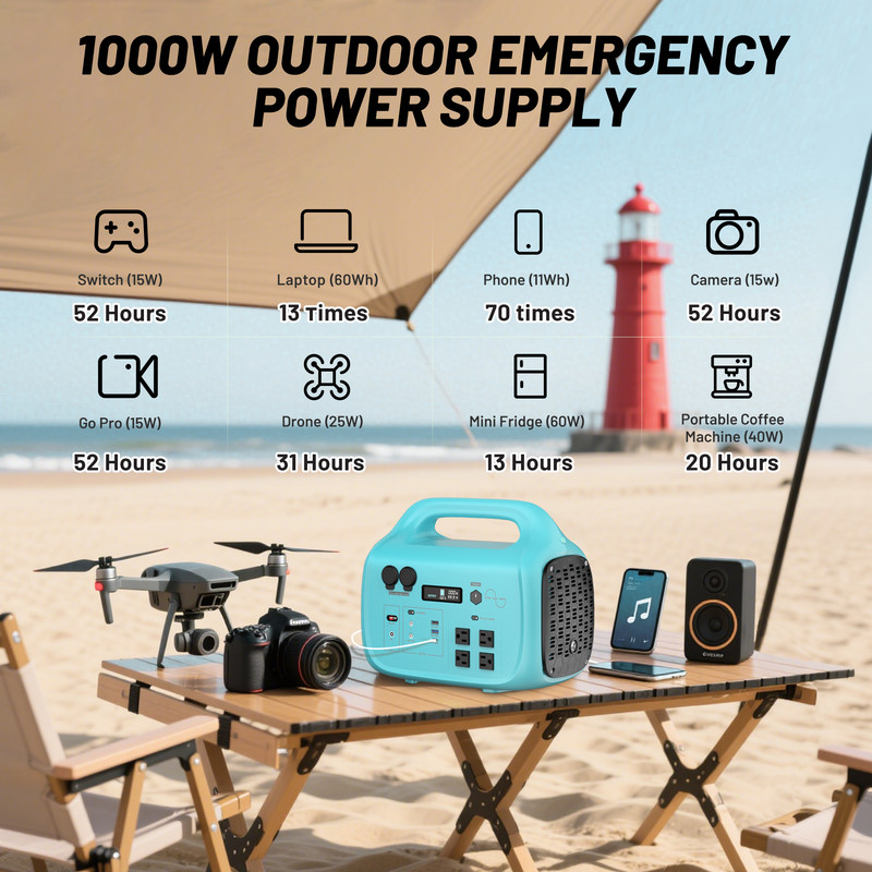 1000W Portable Solar Generator, 1024Wh LiFePO4 Battery Power Station with 120V AC Outlets, Backup Power Supply for Camping, Outdoor Travel, RV, and Home Emergency - Blue