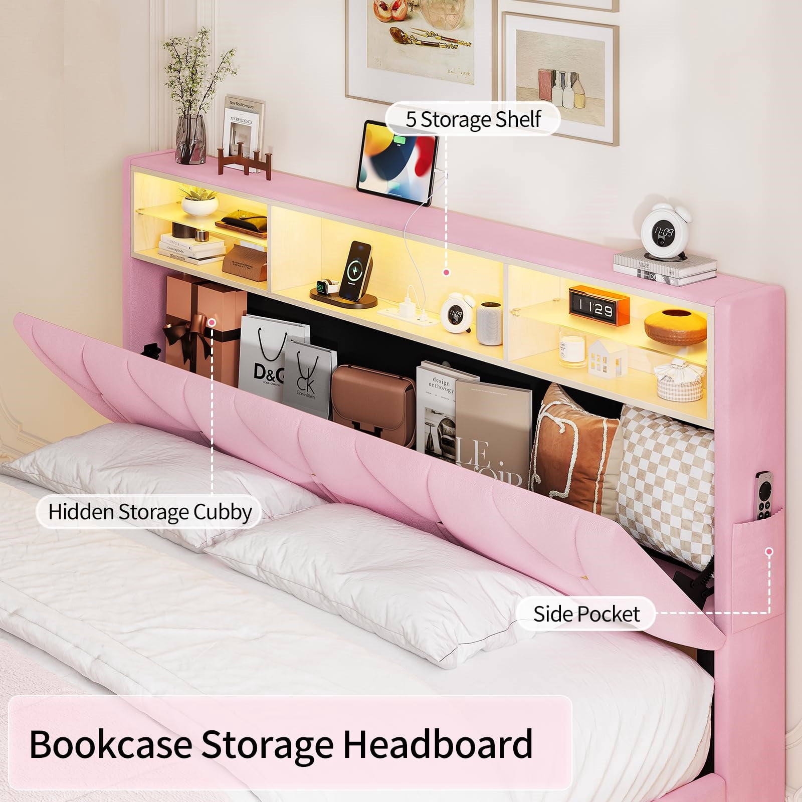 Princess Full Size Platform Bed Frames with Storage Headboard,Power Outlet, Modern Velvet Upholstered Girls Bed with LED Lights and Storage Shelves,No Box Spring Needed,Noise-Free,Easy Assembly, Pink