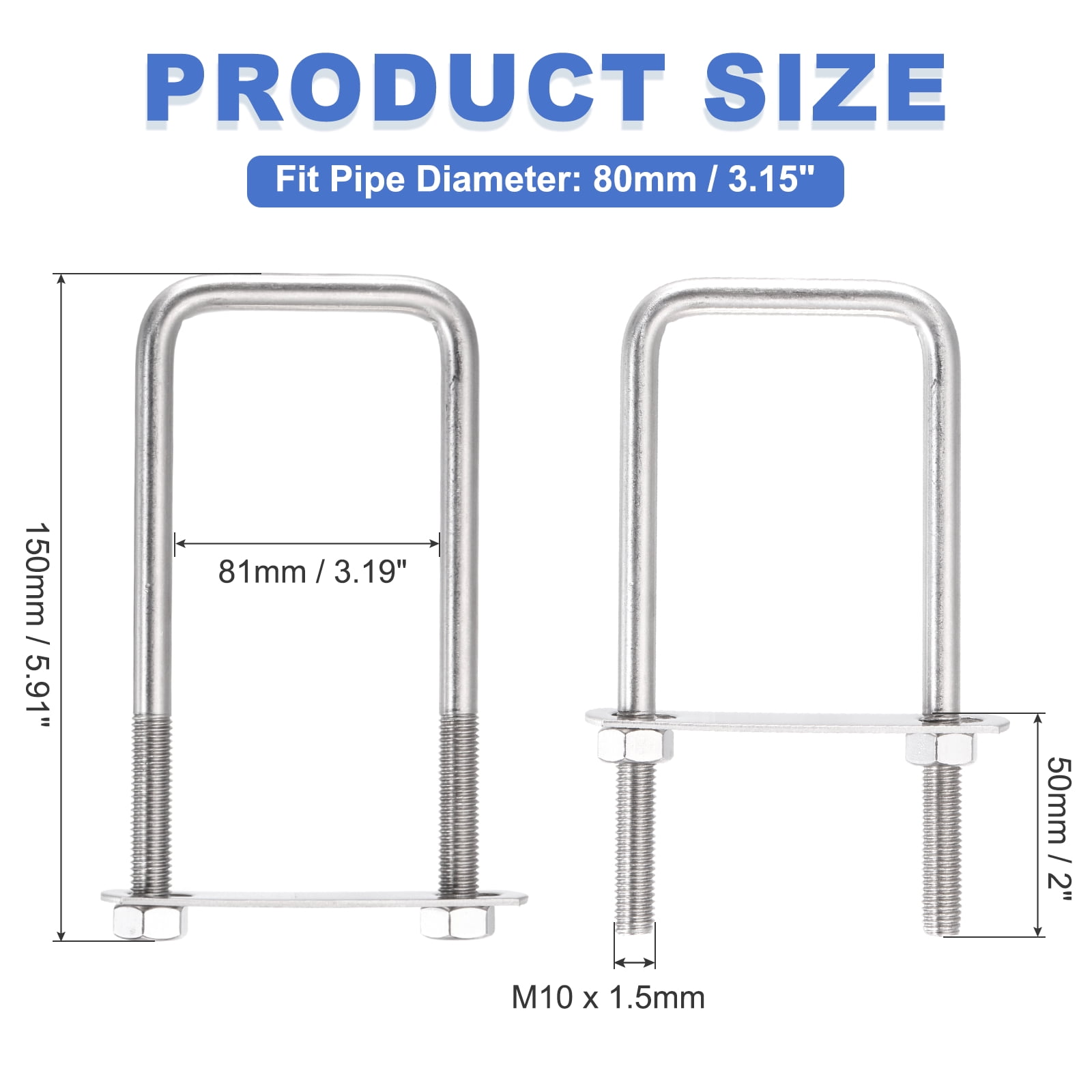 Uxcell 2 Sets M10 Square U-Bolts, 3.19" Inner Width 5.91" Length 304 Stainless Steel U Clamp Bolts with Nuts, Plates and Wrench