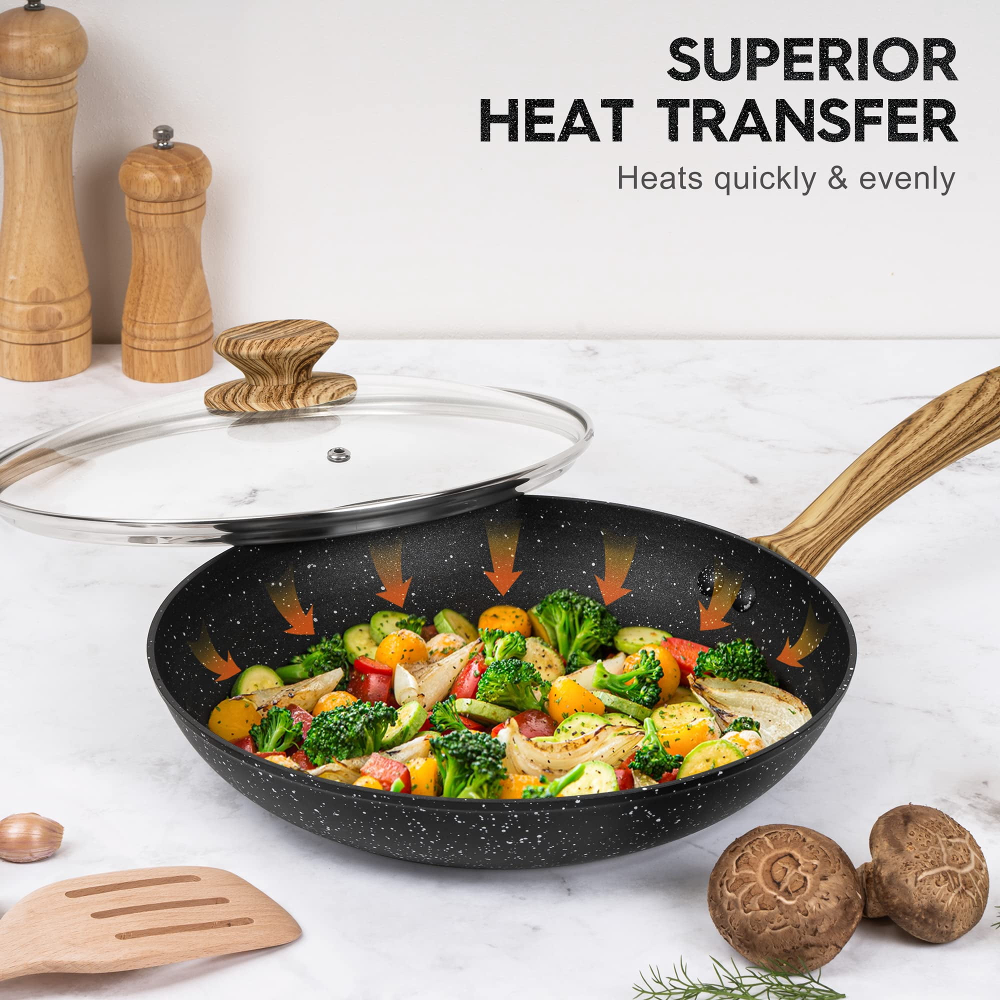 MICHELANGELO 8 Inch Stay-Cool Handle Induction Compatible Frying Pan with Healthy Nonstick Coating Lid