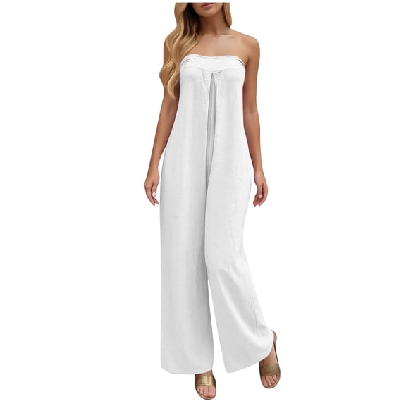 Hurxie Strapless Jumpsuit for Women Summer Casual Off Shoulder Wide Leg Romper with Pockets White,XL