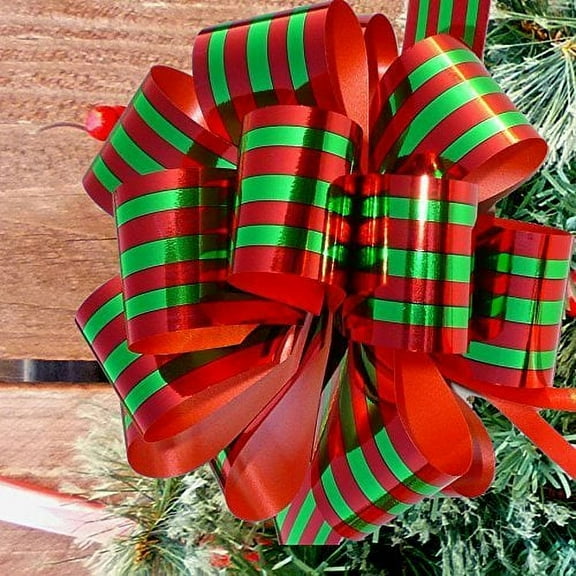 Metallic Red & Green Striped Christmas Gift Wrap Pull Bows - 5" Wide, Set of 10