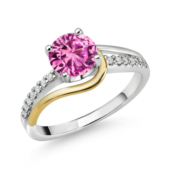 Gem Stone King 925 Sterling Silver and 10K Yellow Gold Round Pink Created Sapphire and White Moissanite Engagement Ring for Women (1.77 Cttw, Round 7MM, Size 5)