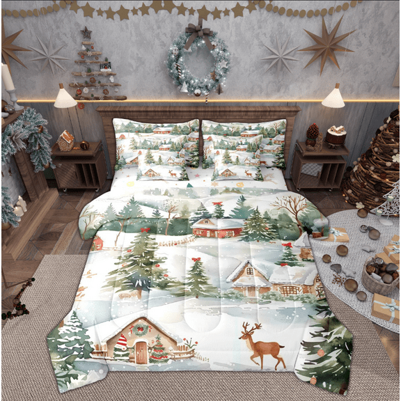 Manfei Winter Rustic Reindeer Twin Bedding Sets 7-Piece, Merry Christmas Bedding Comforter Set, Teens Boys Girls Kids Reversible Sheet Sets, Breathable Home Decor