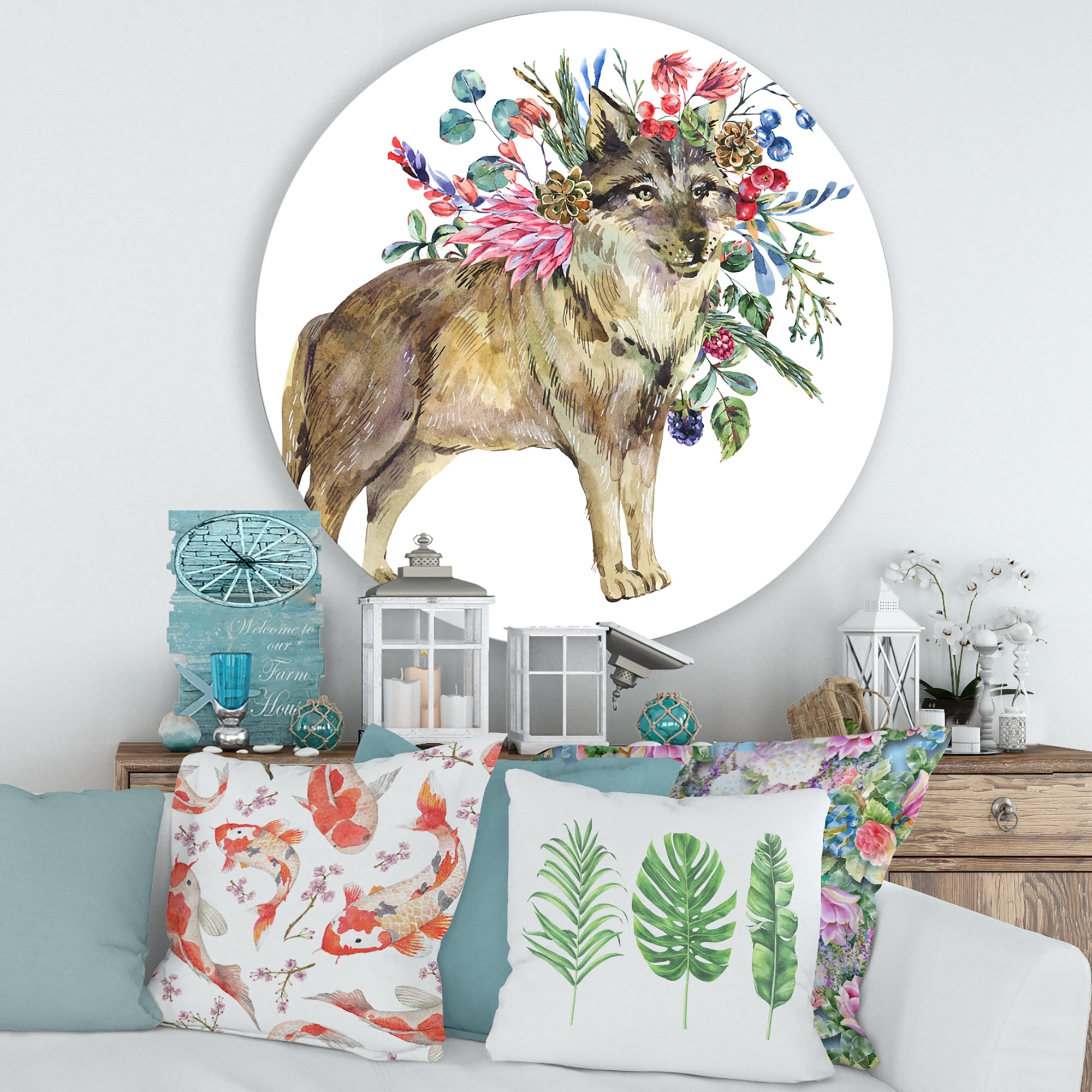 Designart 'Wolf With Woodland Flowers On White' Farmhouse Circle Metal Wall Art 29x29 - Disc of 29