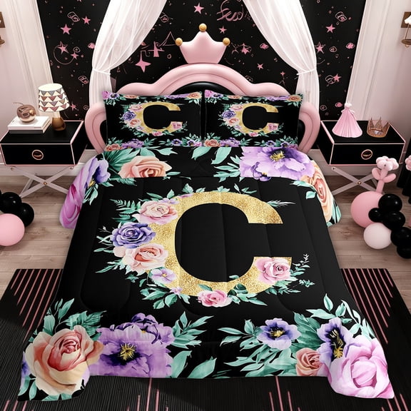 Erosebridal Initial Letter C Comforter Sets Twin Size, Gold Comforters & Duvets, Kawaii Floral Reversible Duvet Insert, Ultra Soft Room Decoration, 2 Pieces