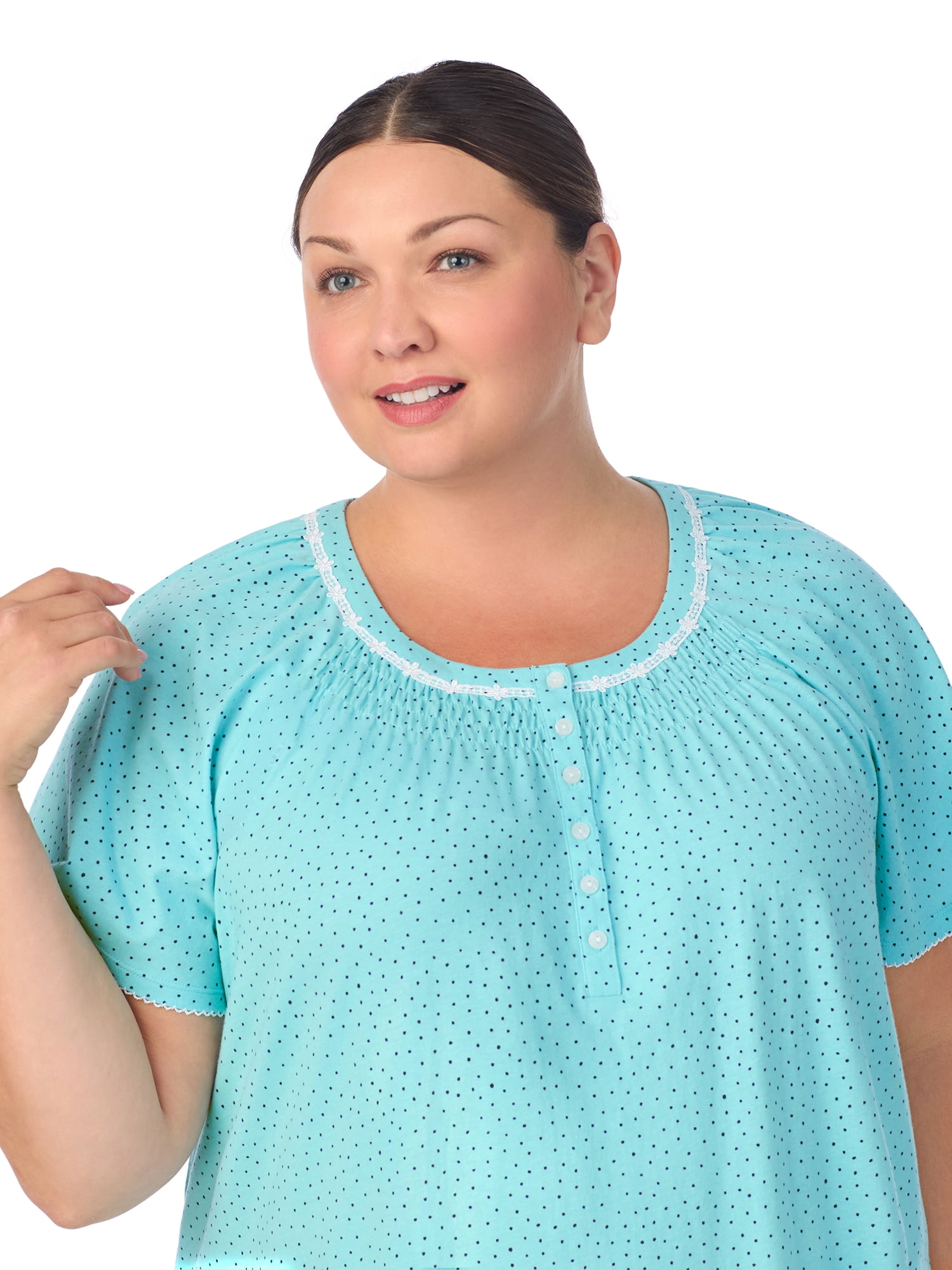 Aria Women's 100% Cotton Raglan Sleeve Smocked Neck Sleepwear 40" Gown, Sizes XS-5X