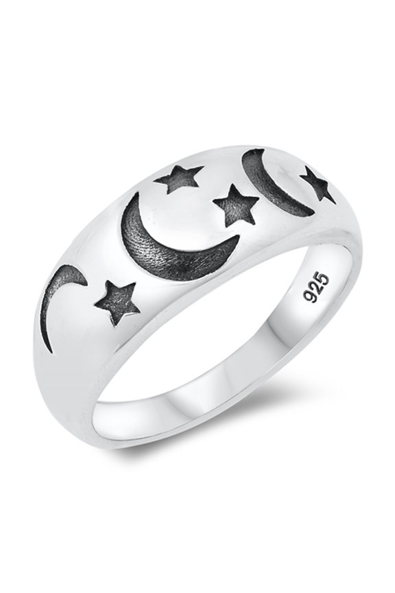 Unique Oxidized Moon Star Dream Space Ring .925 Sterling Silver Band Jewelry Female Male Size 10
