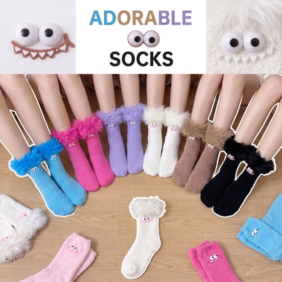 Fabrcox Cute Cartoon Monster Thickened Slipper Socks, Funny Fluffy Warm Winter Indoor Floor Socks for Lounging & Sleep (White)