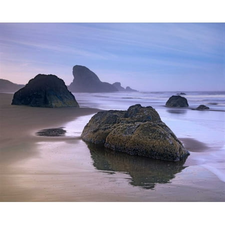 Sea stack and boulders at Meyers Creek Beach Oregon Poster Print by Tim